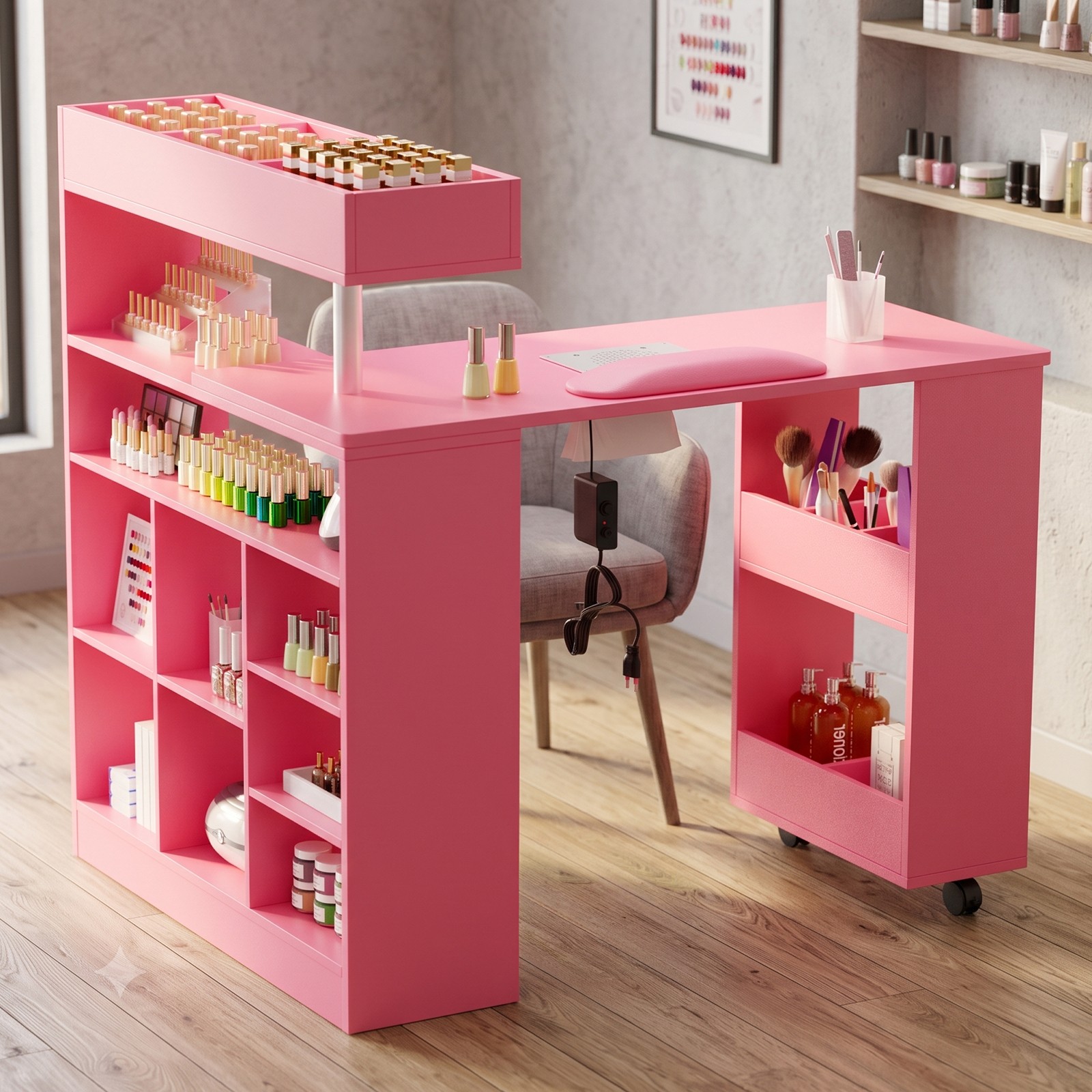 L Shaped Manicure Table with Wrist Rest & 180° Swivel Desktop and Dust Collector