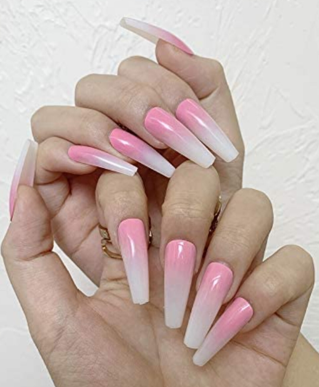 24 Press on Nails kit w Glue extra long Coffin ombre french pink white