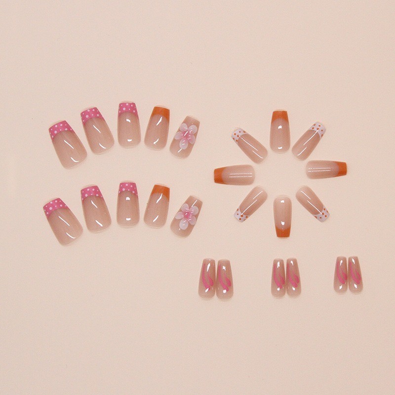 72Pcs-Short Almond Orange Pink 3D Flower Polka Dot Glossy Press on Nails Set