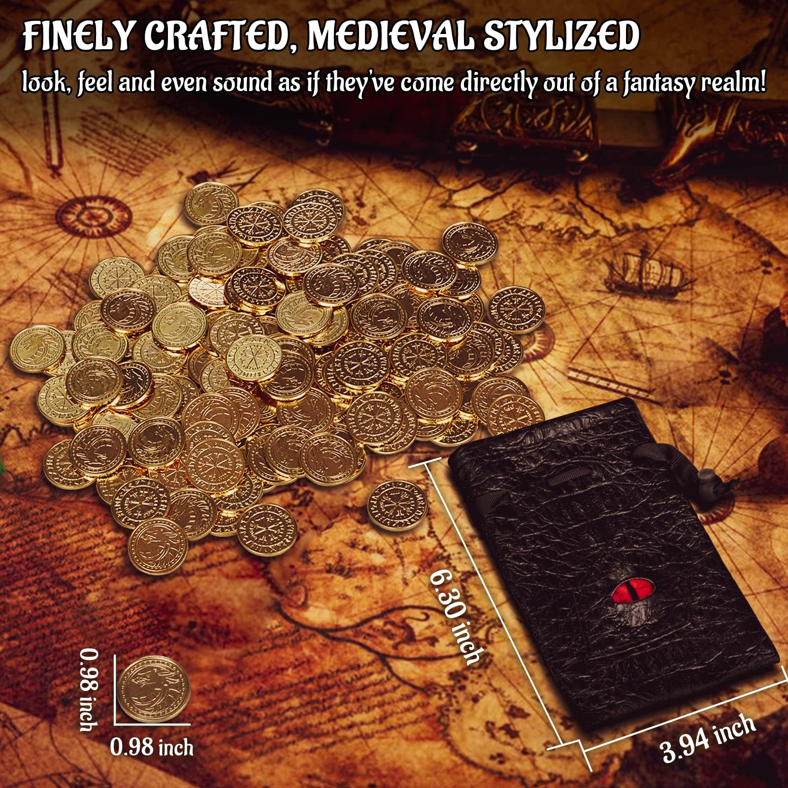 DND Fantasy Coins 50 Antique Gold Metal Treasure Tokens with 51 Piece Set