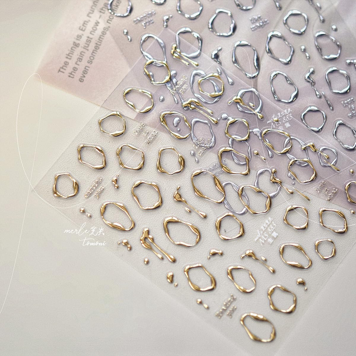 2Pcs Metal Nail Art Stickers 5D Embossed Gold Silver Irregular Geometric Lines F