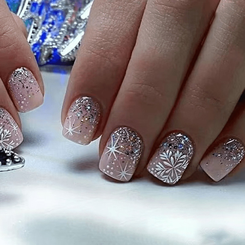 48 Pcs Silver Snowflake Pink Gradient Coffin Press on Nails, Elegant Fake Nails