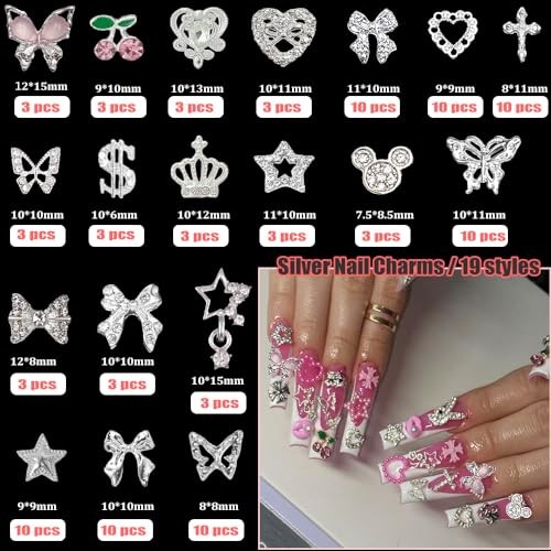 106 Pcs Nail Charms and Gems Silver Nail Charms Nail Rhinestones for Nails