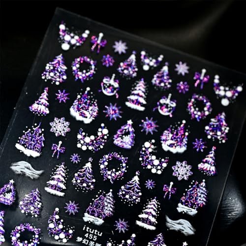 1 Sheets Purple Christmas Nail Art Stickers Embossed Xmas Snowflake Nail Wen-21