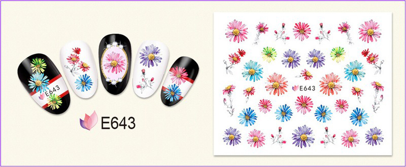 Nail Art 3D Decal Stickers beautiful pink blue green purple flowers E643