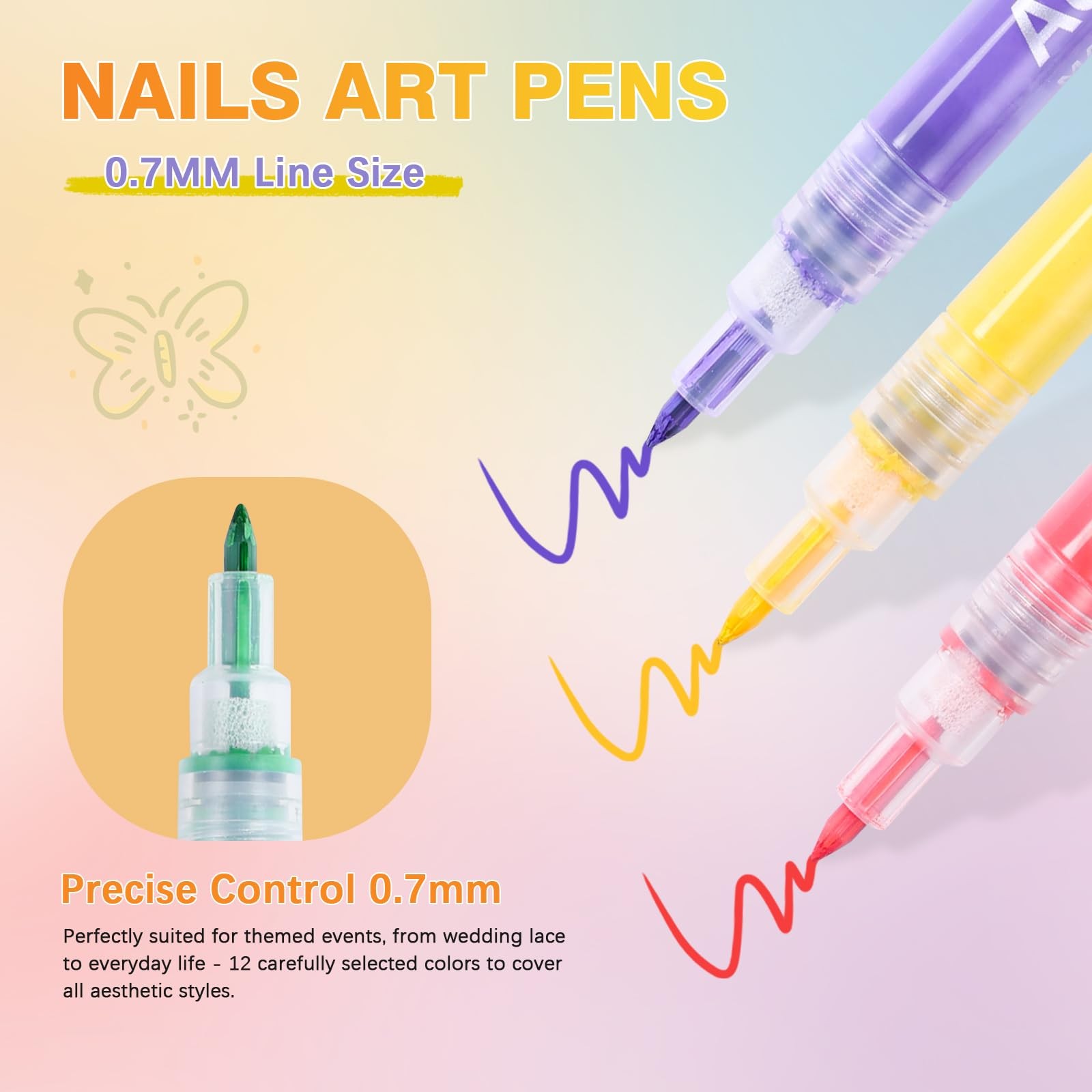 Nail Art Pens Set Fine Tips: 12 Colors 3D Nail Polish Acrylic Pens 0.7MM
