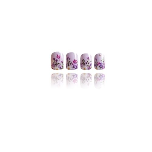 Short Press on Nails Square Fake Nails with French Tip Flower Leaves Designs