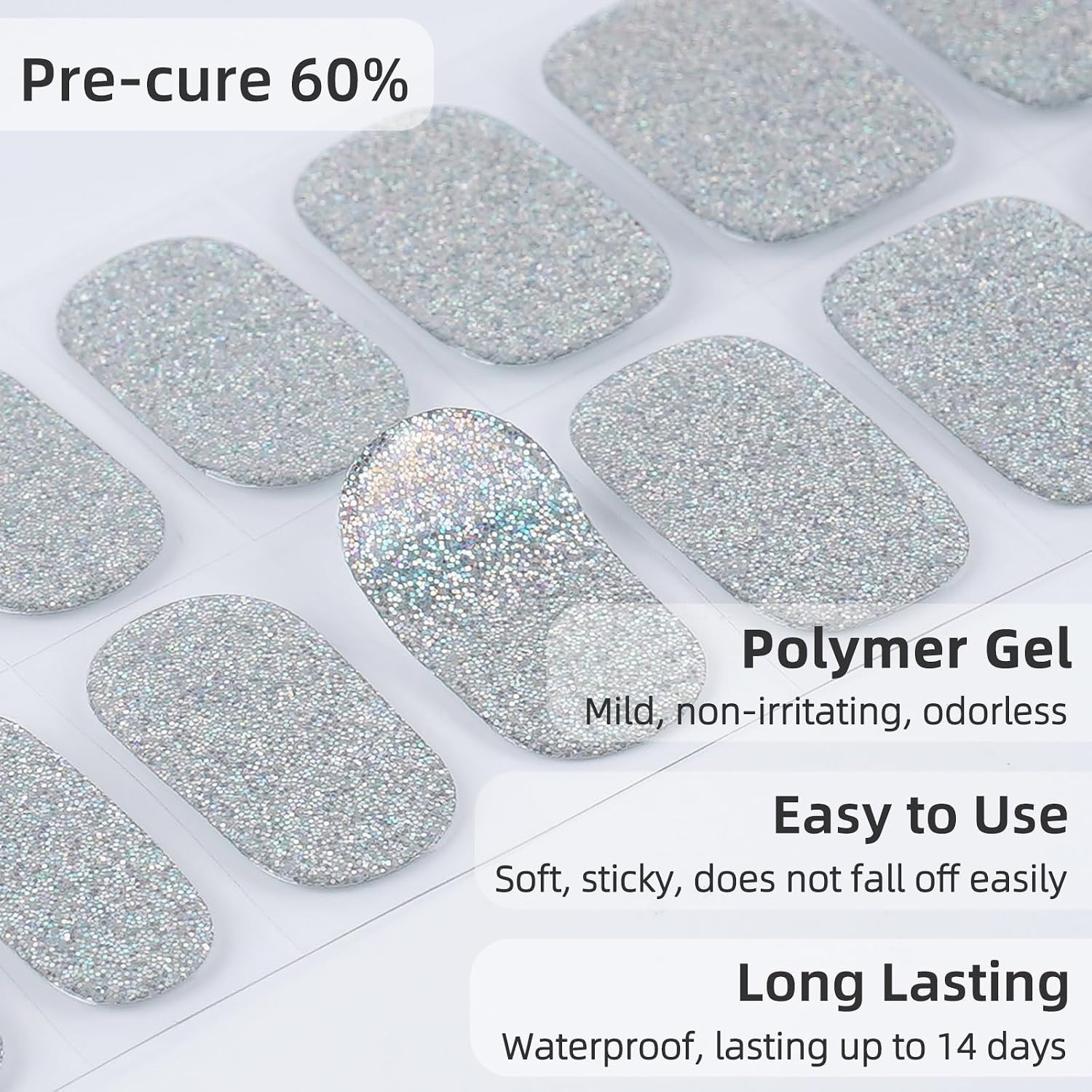 28Pcs Semi Cured Gel Nail Strips (Sliver Glitter), Gel Nail Stickers Work with A