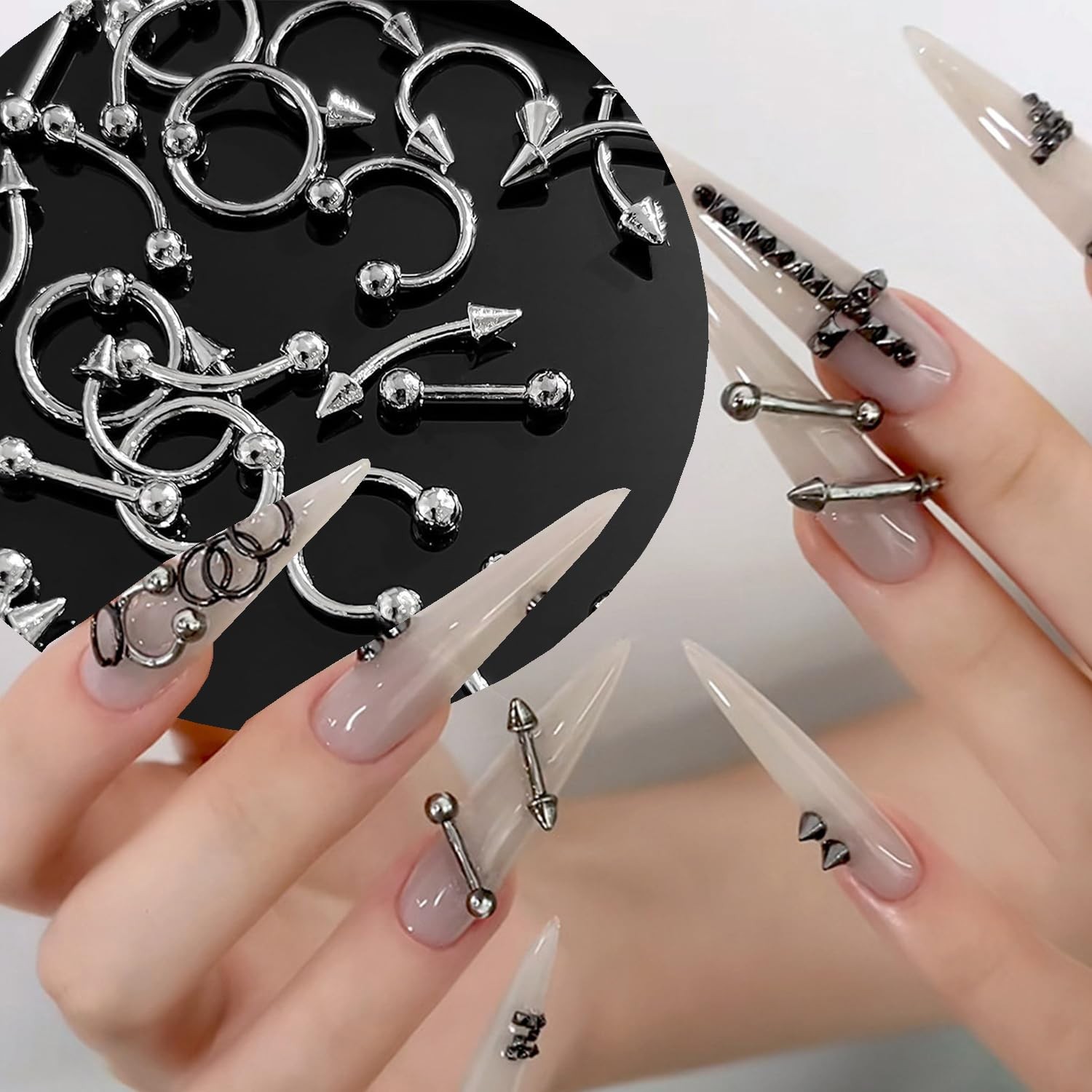60Pcs Punk Gothic Nail Charms, 3D Punk Piercing Alloy Curve Arrow Rivet Nail …