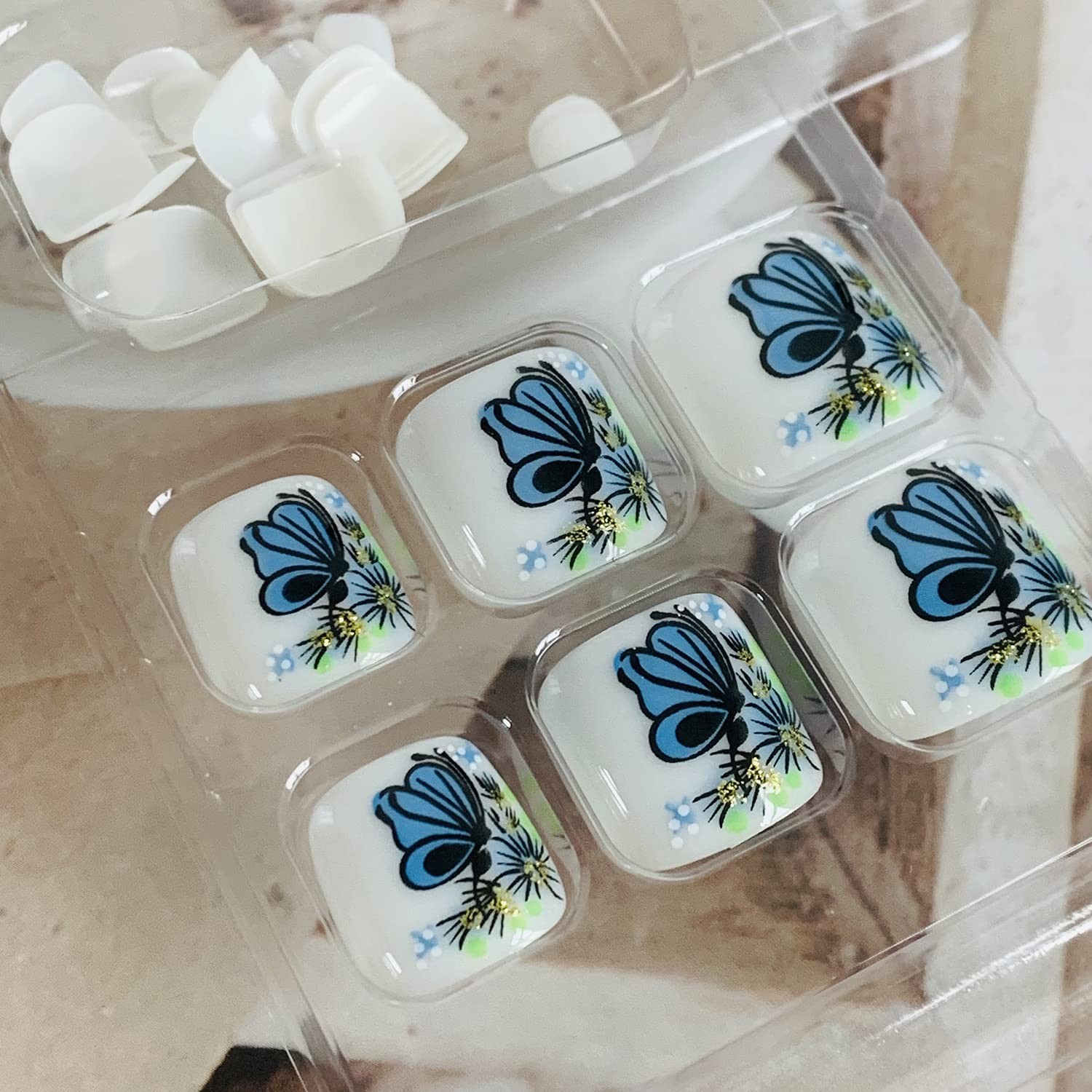 Press on Toenails with Butterfly Designs, Square Full Cover Glossy Reusable F…