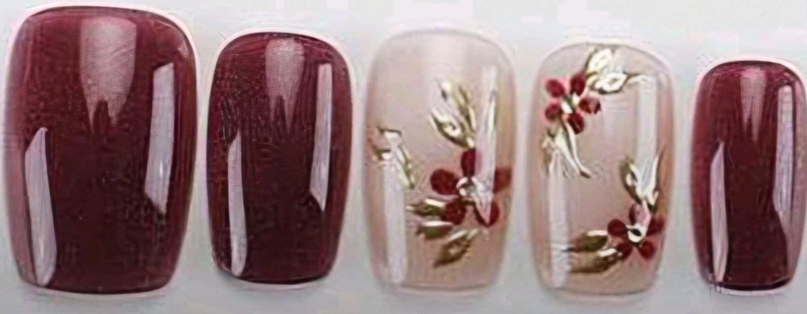 Press-On Nails Gothic Sheer Wine Glitter Cream Florals Smedium Shiny *30 pcs*