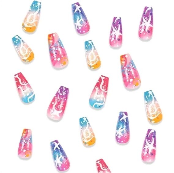 24pcs Summer Vibes Press-On Nails Set – Colorful Striped & Starfish Design,…