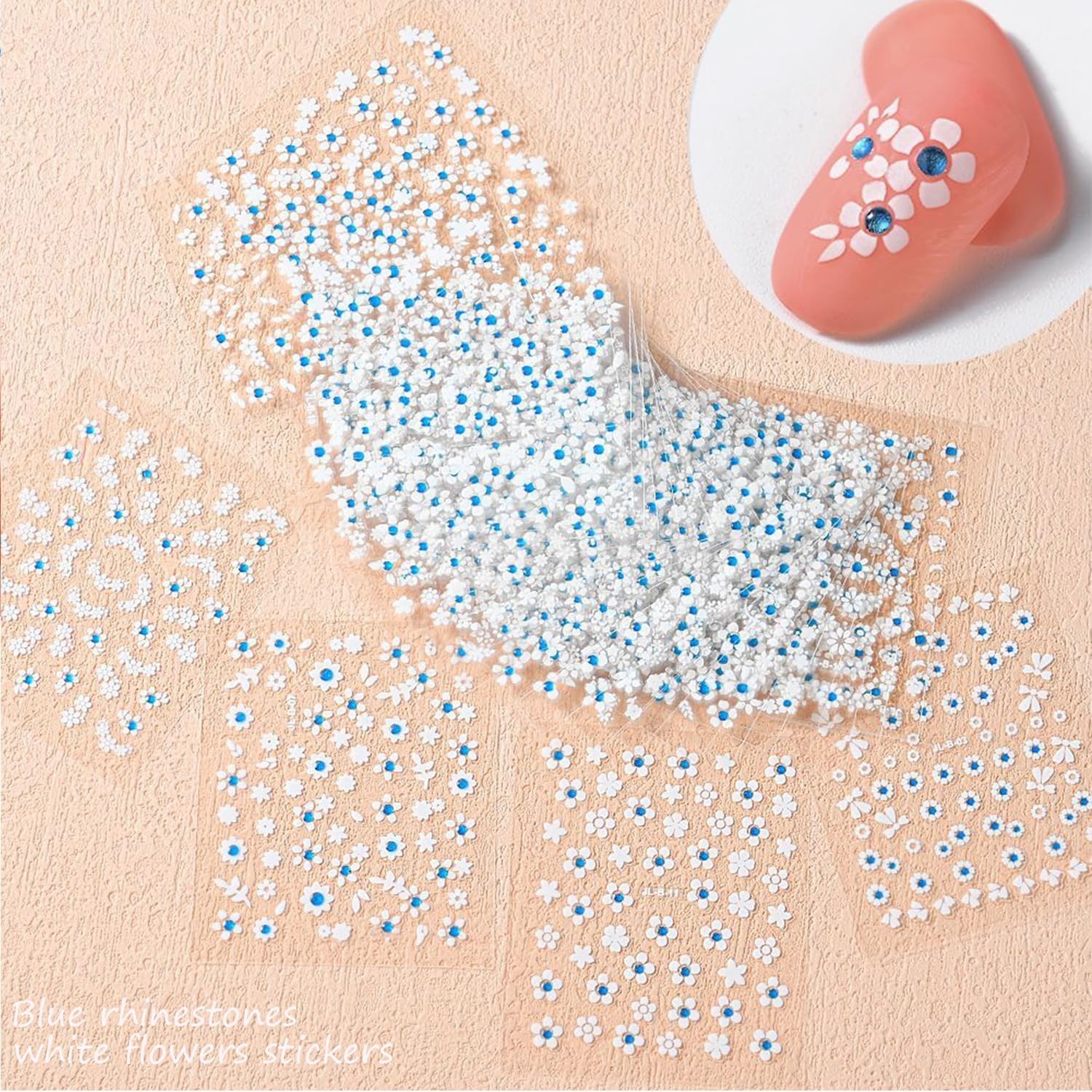 90 Sheets 3D Floral Nail Art Stickers with Rhinestones & Storage Book, 5000 Piec