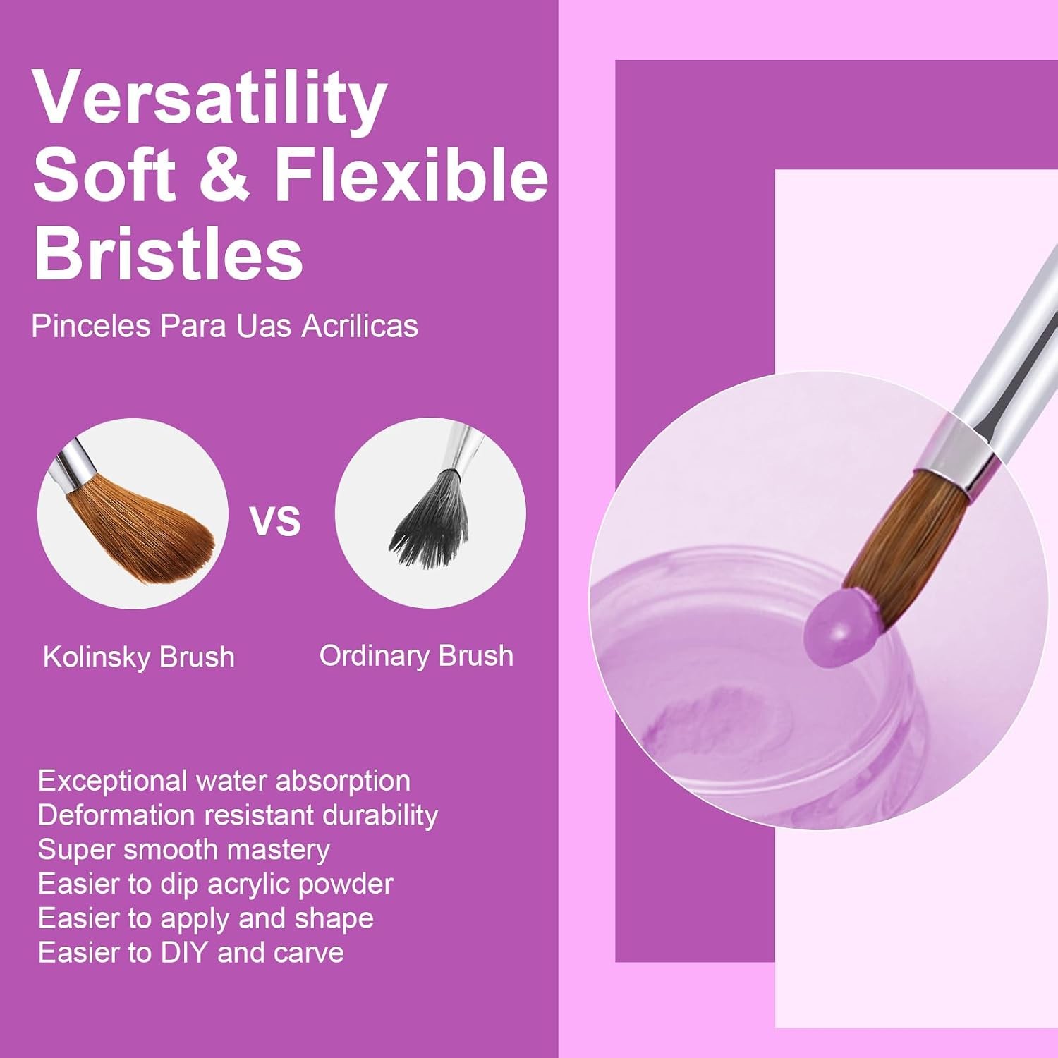 4PCS Acrylic Nail Brush Set, 6/8/12/16. Kolinsky Nail Art Brushes for Applicatio