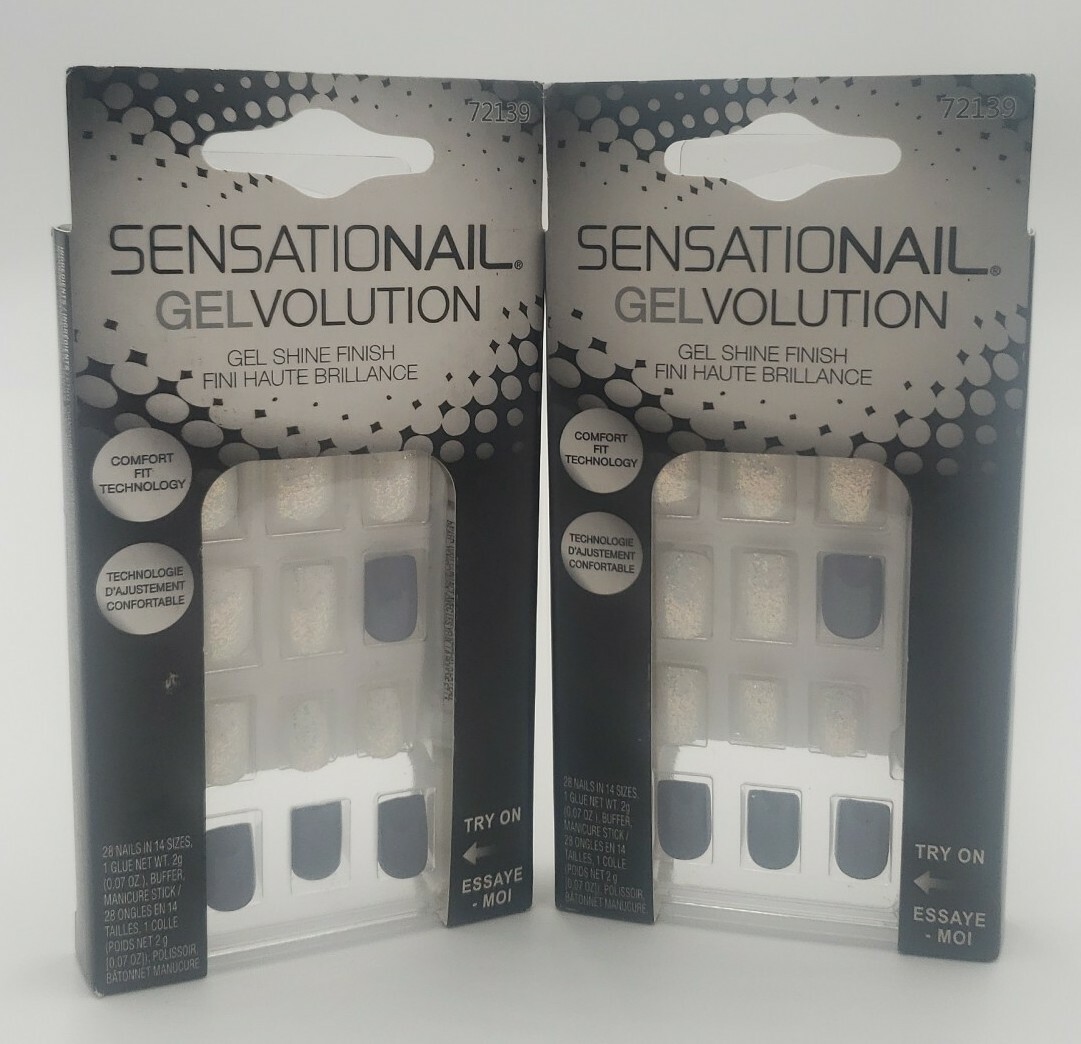 2 Sensationail Gelvolution Gel Shine Finish Press On Nails #72139 gray & white