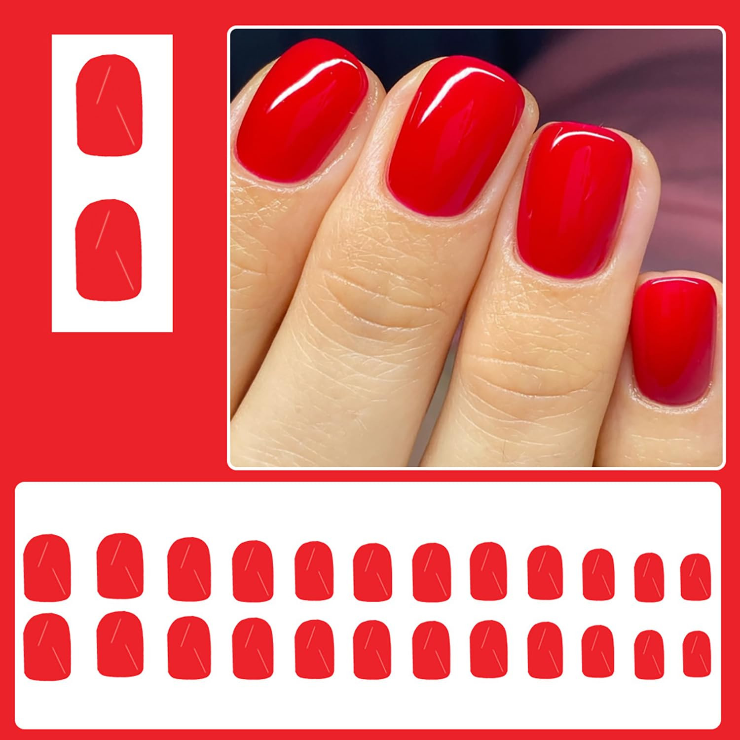 24Pcs Red Glossy Square ABS False Nails, Full Cover, Press On, Reusable, Short D