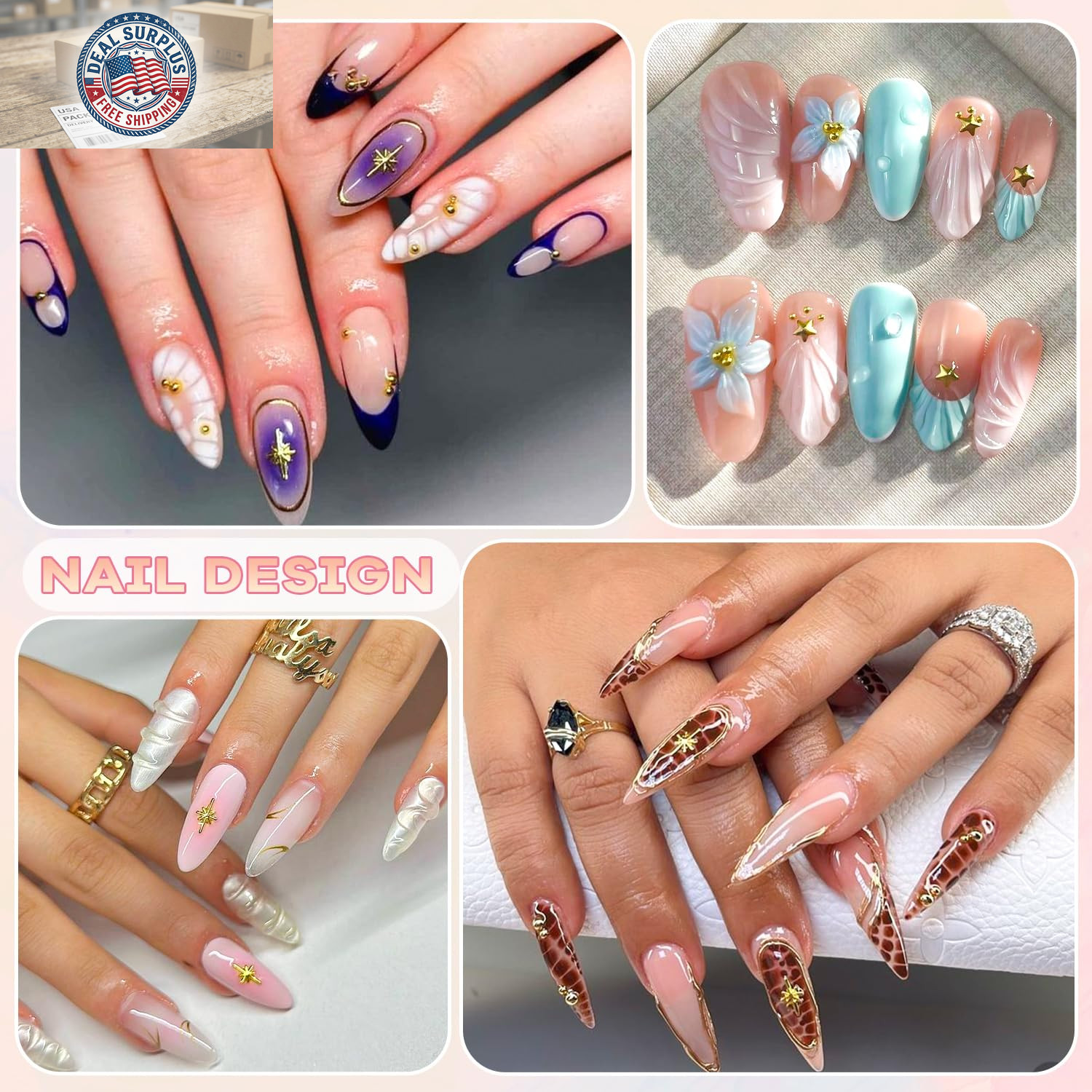 660Pcs 3D Star Nail Charms, Gold & Silver Multi-Shapes Metallic Nail Art Gems,Be
