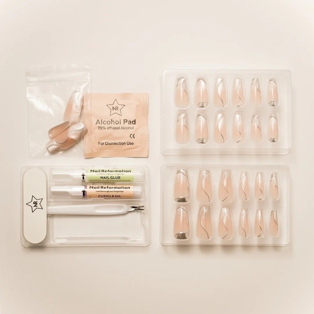 Nail Reformation 30pc Press On Nails Coffin French Tip Silver Swirl