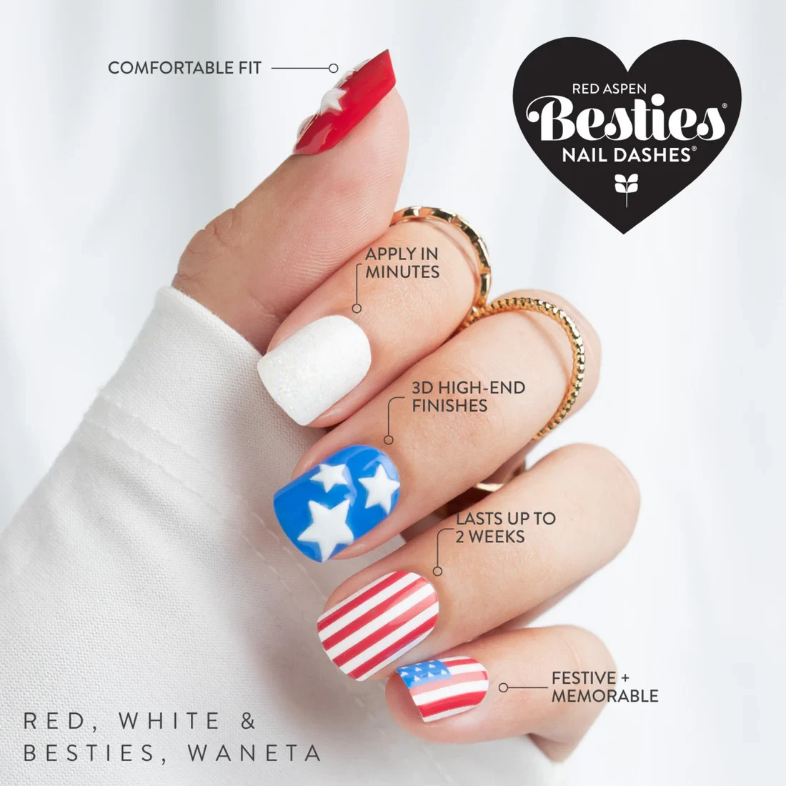 Red Aspen Press On Nails-Red, White & Besties, Waneta-Square Short 4th of July