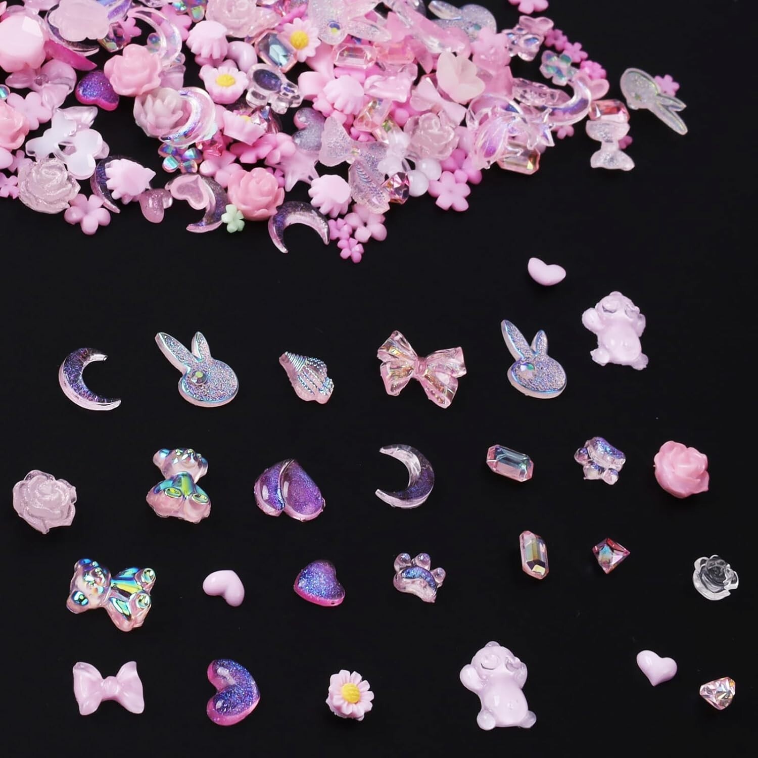 100 PCS 3D Nail Charms Butterfly Bow Star Heart Bear Shiny Jewels Y2K with 3D Fl