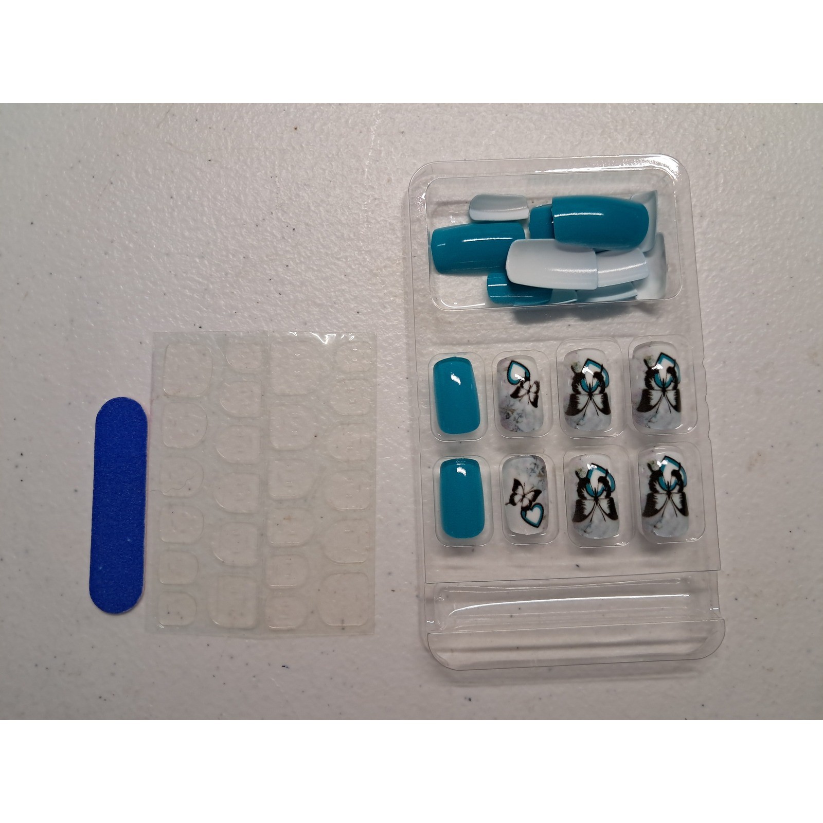 Teal Blue and Butterfly Marble Press On Nails DIY Manicure Kit with Adhesive Tab
