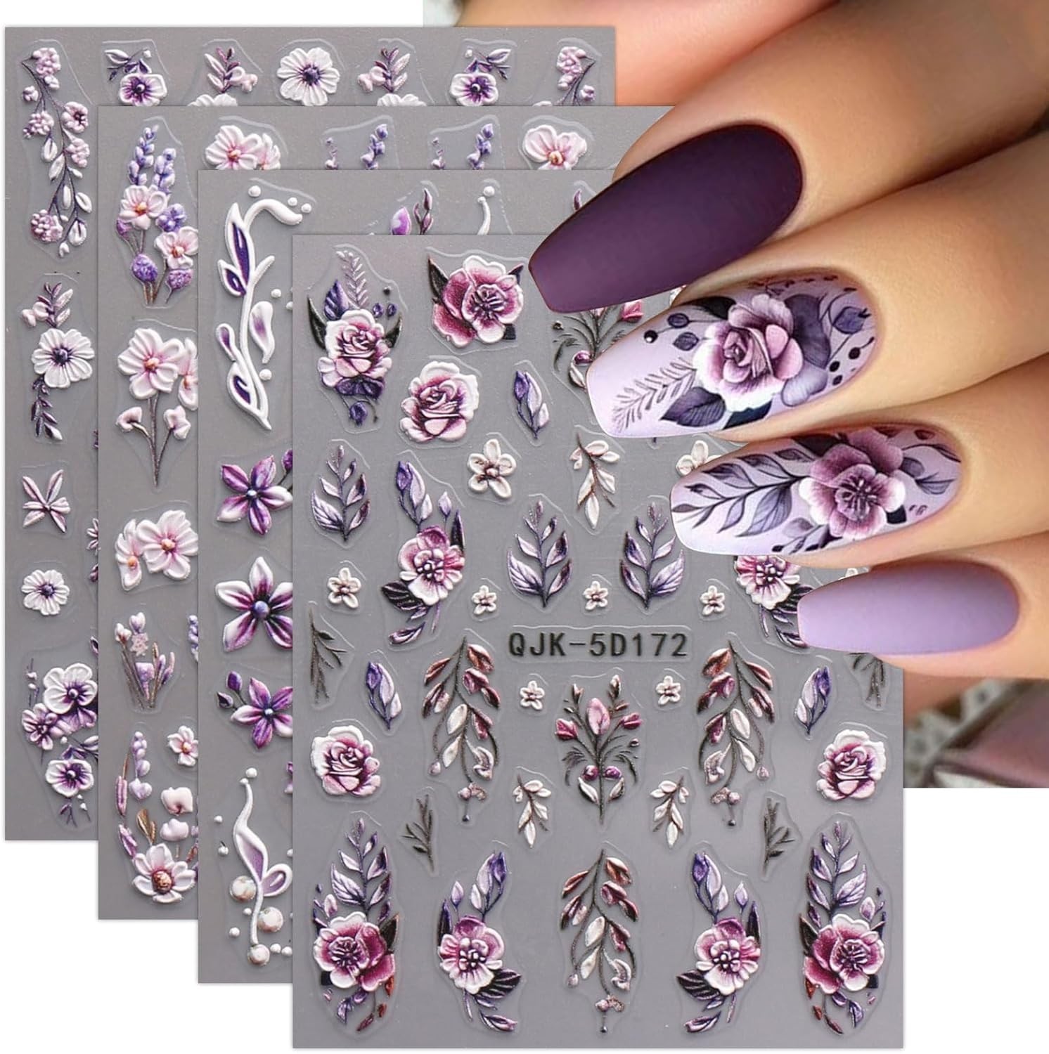 3D Embossed Flower Nail Art Stickers Decals Self-Adhesive 5D Spring