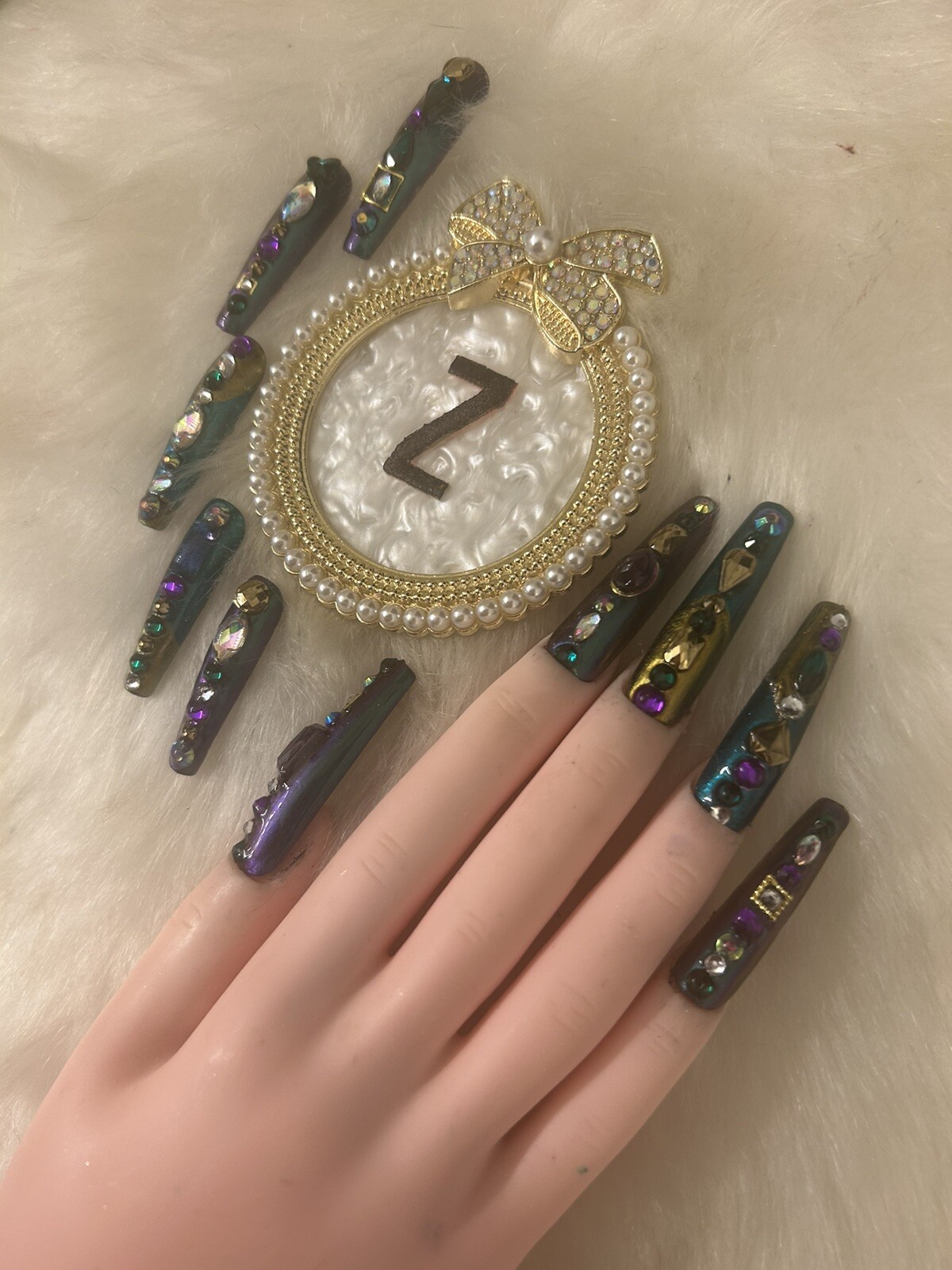 Z NAILZ! Gorgeous Set Of 2XL Coffin Mardi Gras Themed Press On Nails