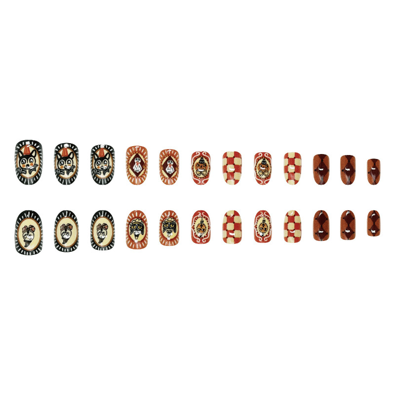 48 Pcs Pumpkin Cat Plaid Oval Press on Nails, Vintage Fall Holiday Fake Nails