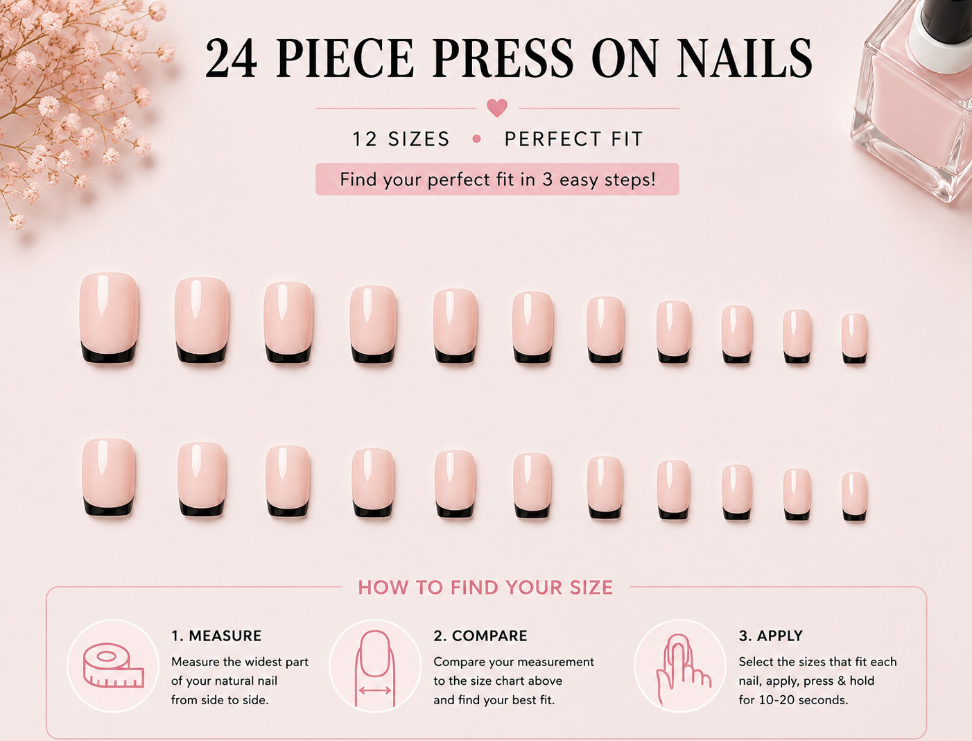 (New) Short Square Black French Tip Press On Nails Glossy Full Cover