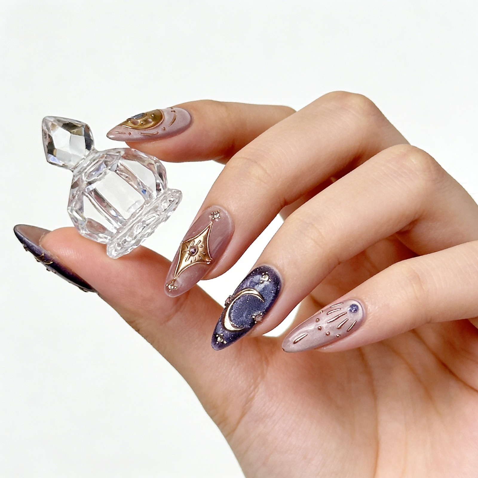 Press On Nails Medium Almond Purple Gold Celestial Moon Star Nail Art Glue Set