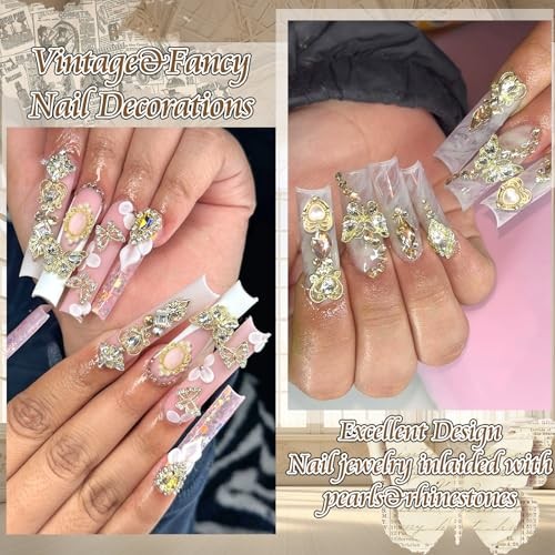 116PCS Nail Charms Luxury Nail Art Jewelry Dangle Heart Nail Gems Pearls Gold