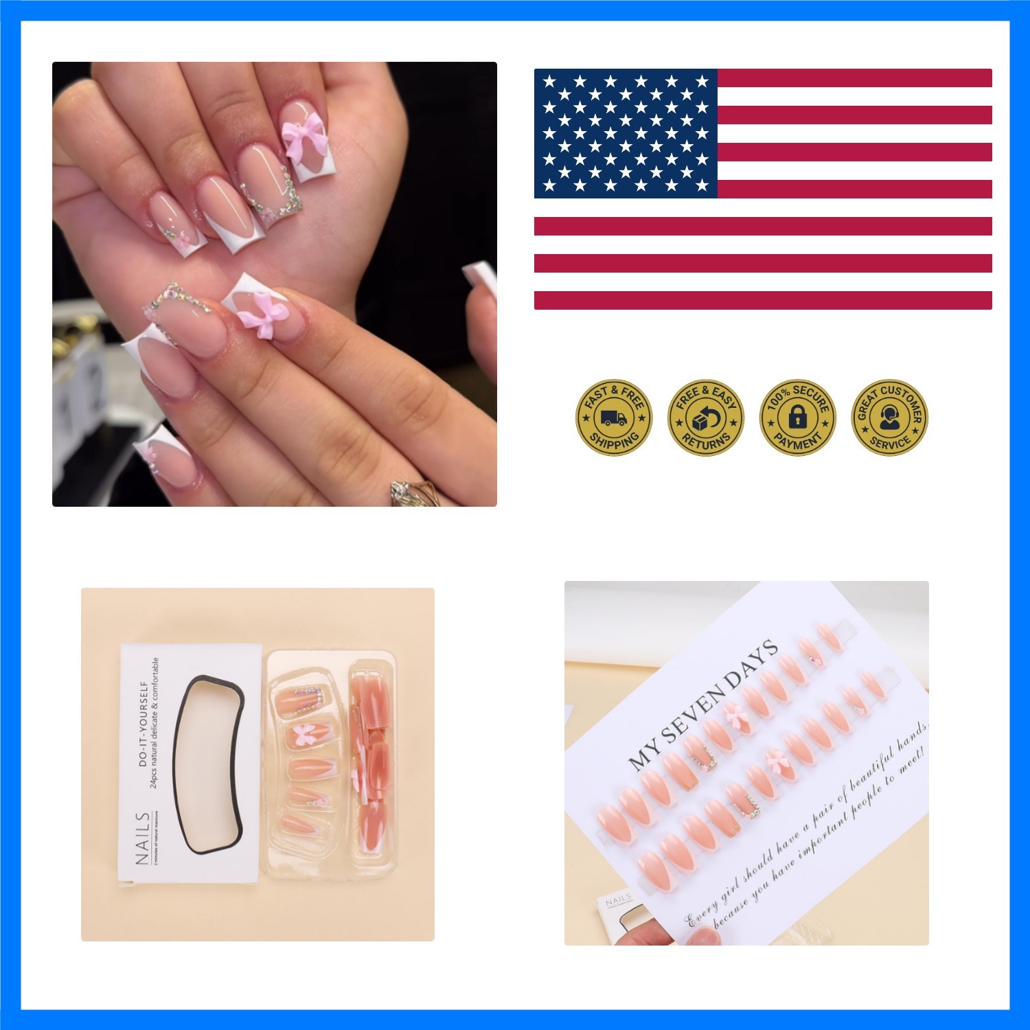 24pcs White French Tip Press on Nails Short Square Fake Nails Rhinestones Ful…