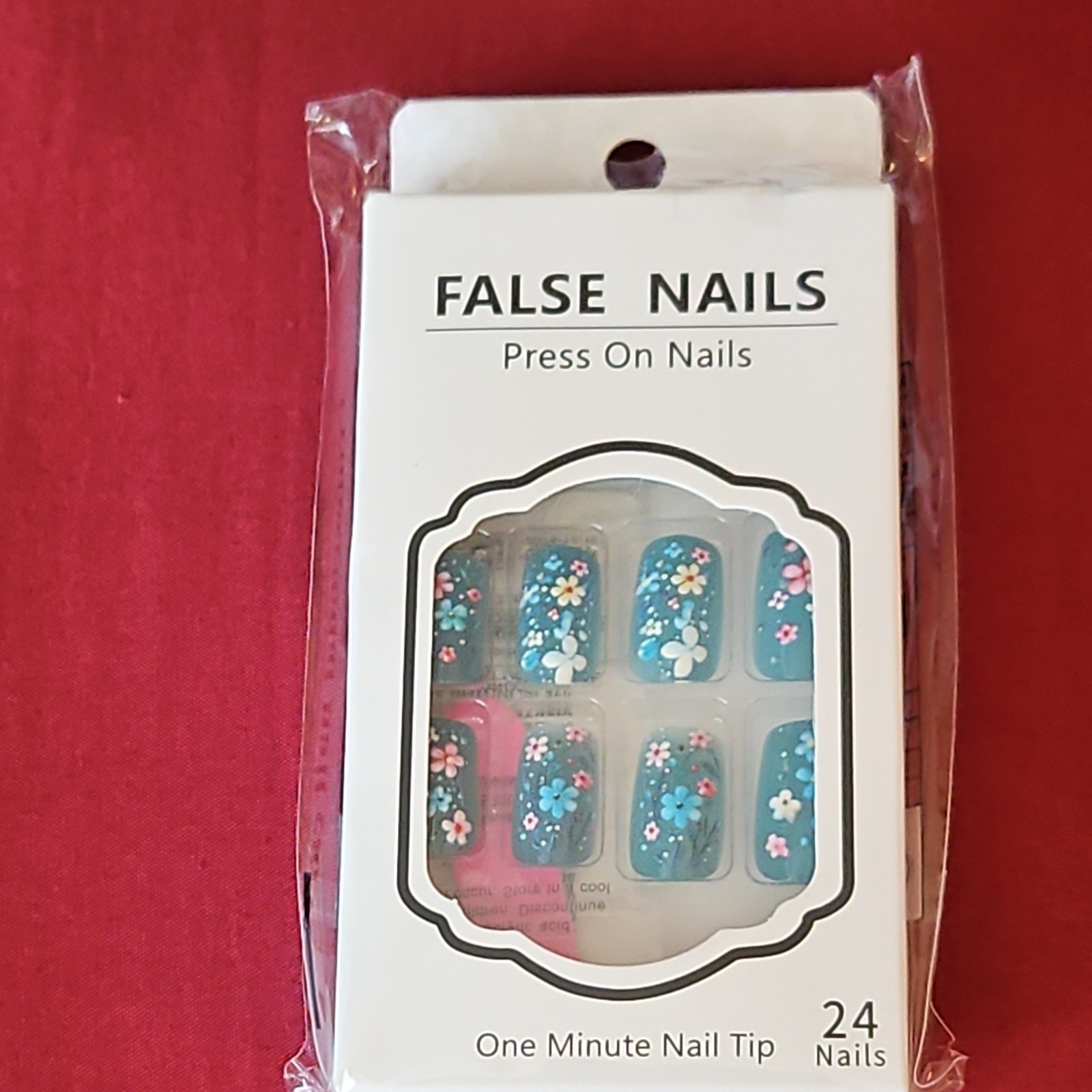 Blue Pink White Floral Square Press-On Nails Set Full Cover 24 Pre-Designed