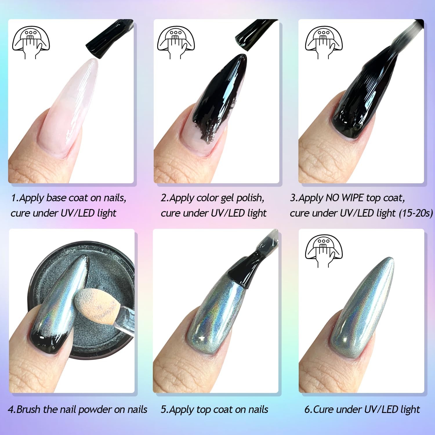 Furtherpretty Holographic Chrome Nail Powder, 10 Colors Metallic Mirror Effec…