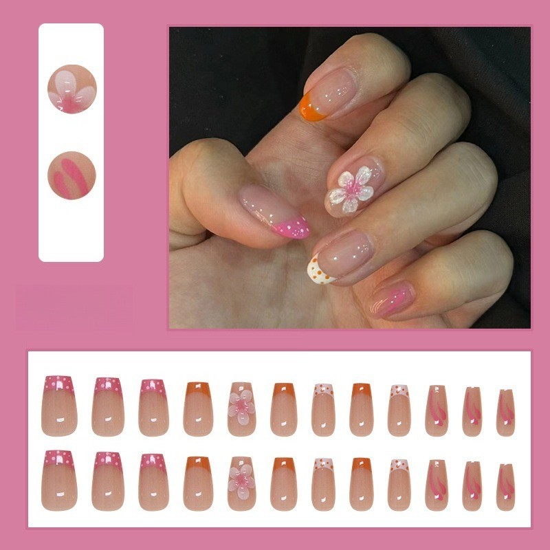 72Pcs-Short Almond Orange Pink 3D Flower Polka Dot Glossy Press on Nails Set