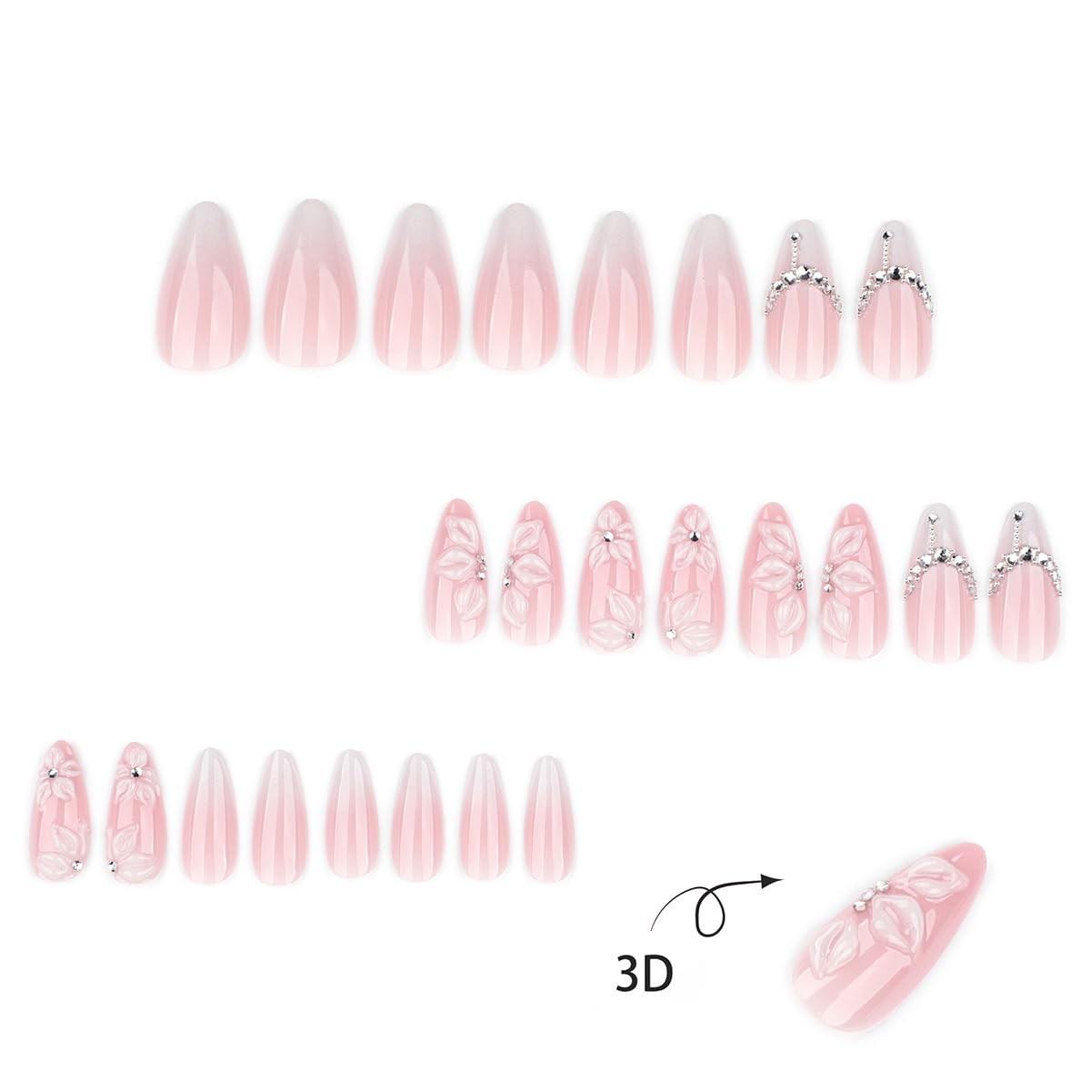 24Pcs White French Tip Press on Nails Medium Almond Fake Nails with Silver