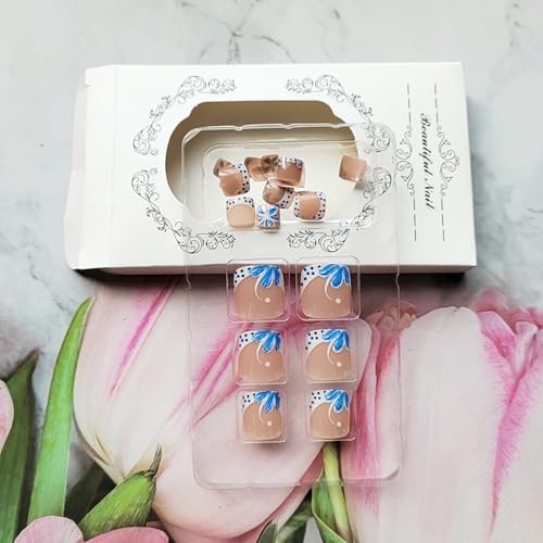 24Pcs French Tip Press on Toenails Short Square Polka Dots French Flowers