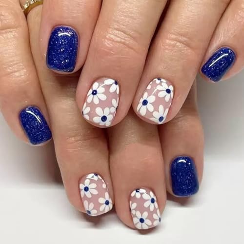 6 Packs (144 Pcs) Flower Press on Nails Short Square Fake Nails Floral Style-8