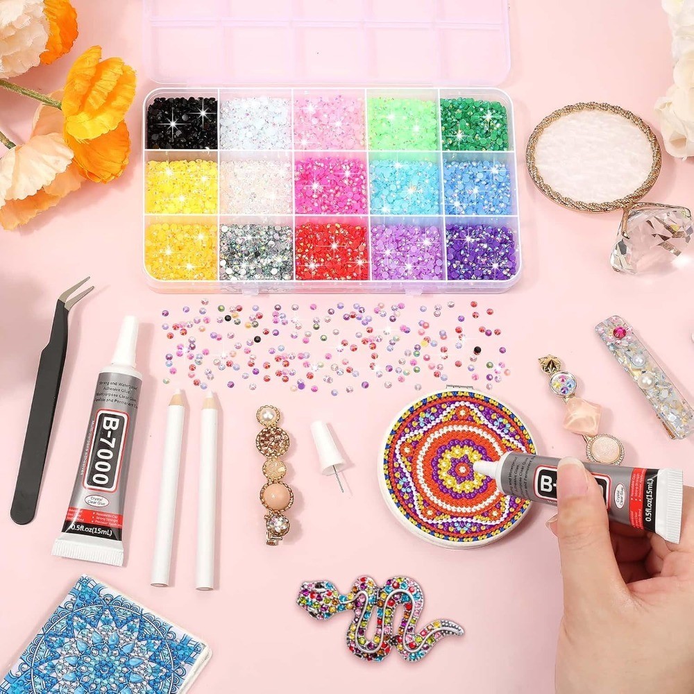 B-7000 Glue with 15000Pcs Craft Rhinestones, Resin Jelly Rhinestones Flat Back