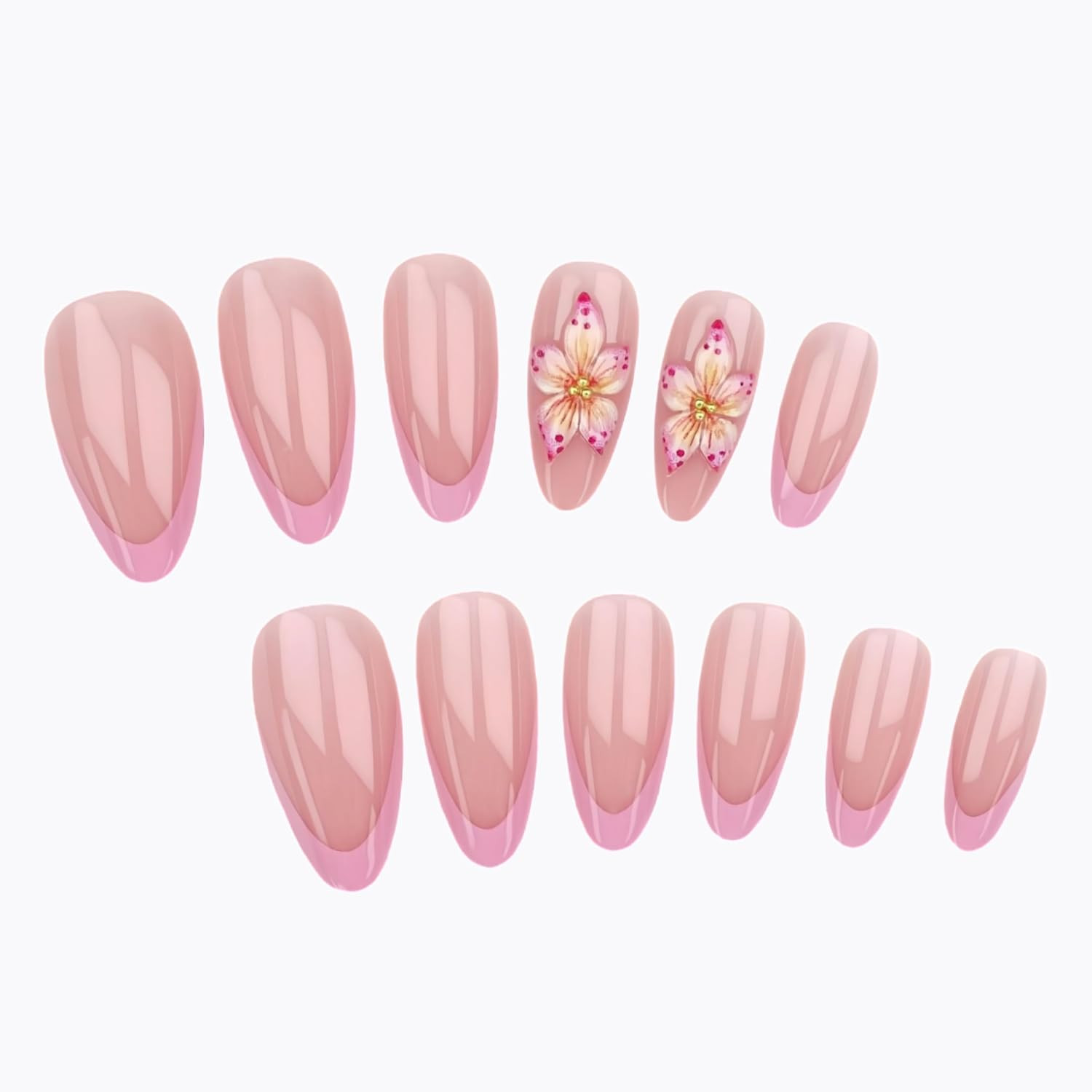24Pcs French Tip Press on Nails Medium Almond Fake Nails with 3D Flower Gold Bea