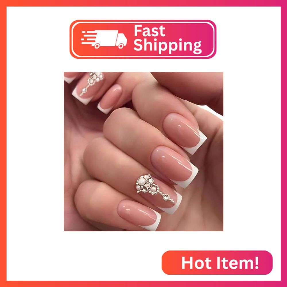 Vezocim Medium Press on Nails – Square, 24pcs French Tips Acrylic Nails with Glo