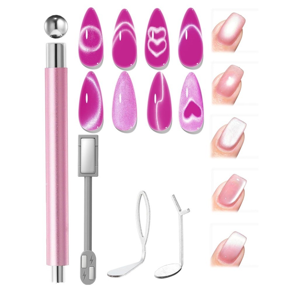 Cat Eye Magnet Set, 6PCS 3-in-1 Dual-Head Nail Magnet Pen with Heart,