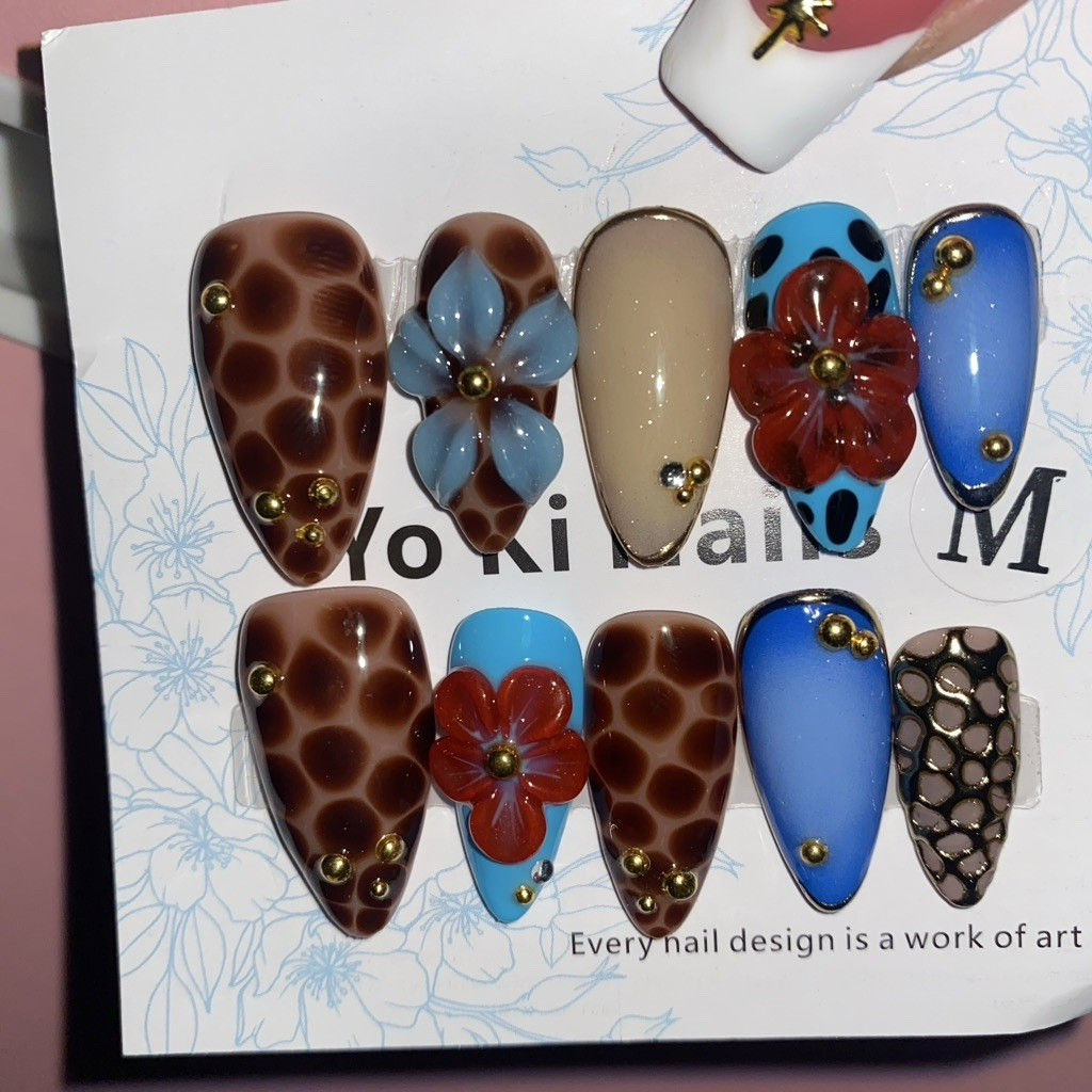 3D Flower Press-On Nails Full Cover Pre-Designed Long Almond Brown Blue Beige