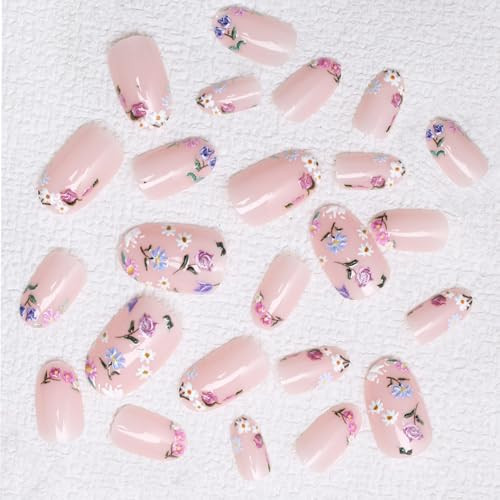 Colorful Flowers Press on Nails Short Almond Shaped Fake Nails Designs Style 8