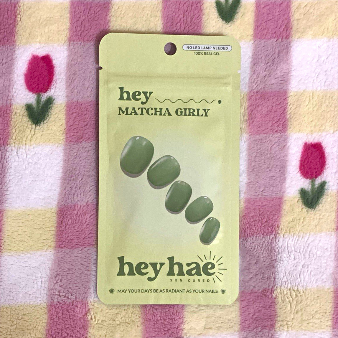 heyhae Matcha Girly Gel Nail Strips Set Green Short Oval Self-Adhesive No LED