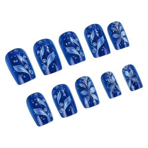 Royal Blue Square Press On Nails – Silver Metallic Floral Fake – Silver Metallic