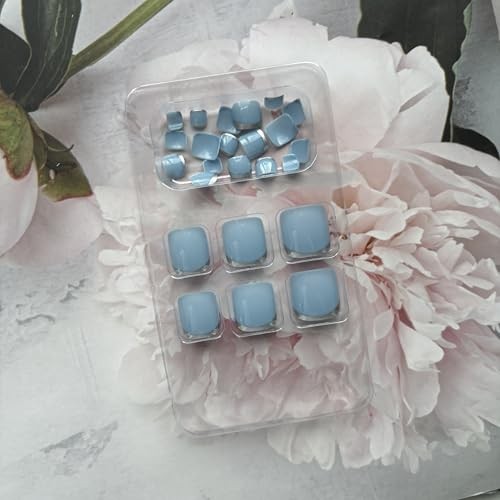 Summer Press on Toe Nails – Silver French Fake Toenails – Short Square Design 1