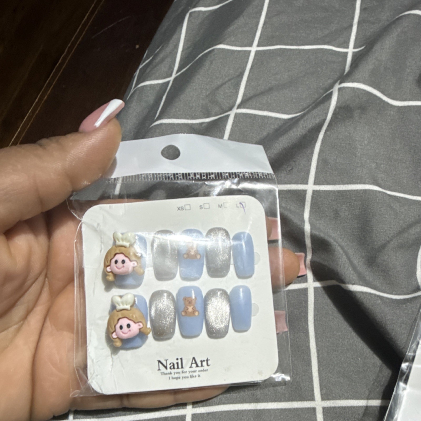 3D Blue Silver Teddy Bear Press-On Nails Set Long Square Full Cover