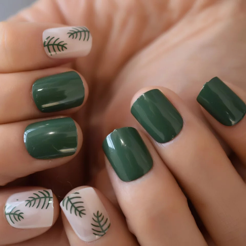 24 Short press on nails kit w glue green fern nude dark