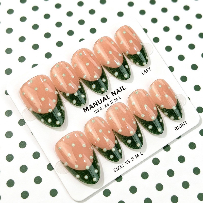 60Pcs Almond Press on Nails, Dark Green French White Dots Nude Daily Fake Nails